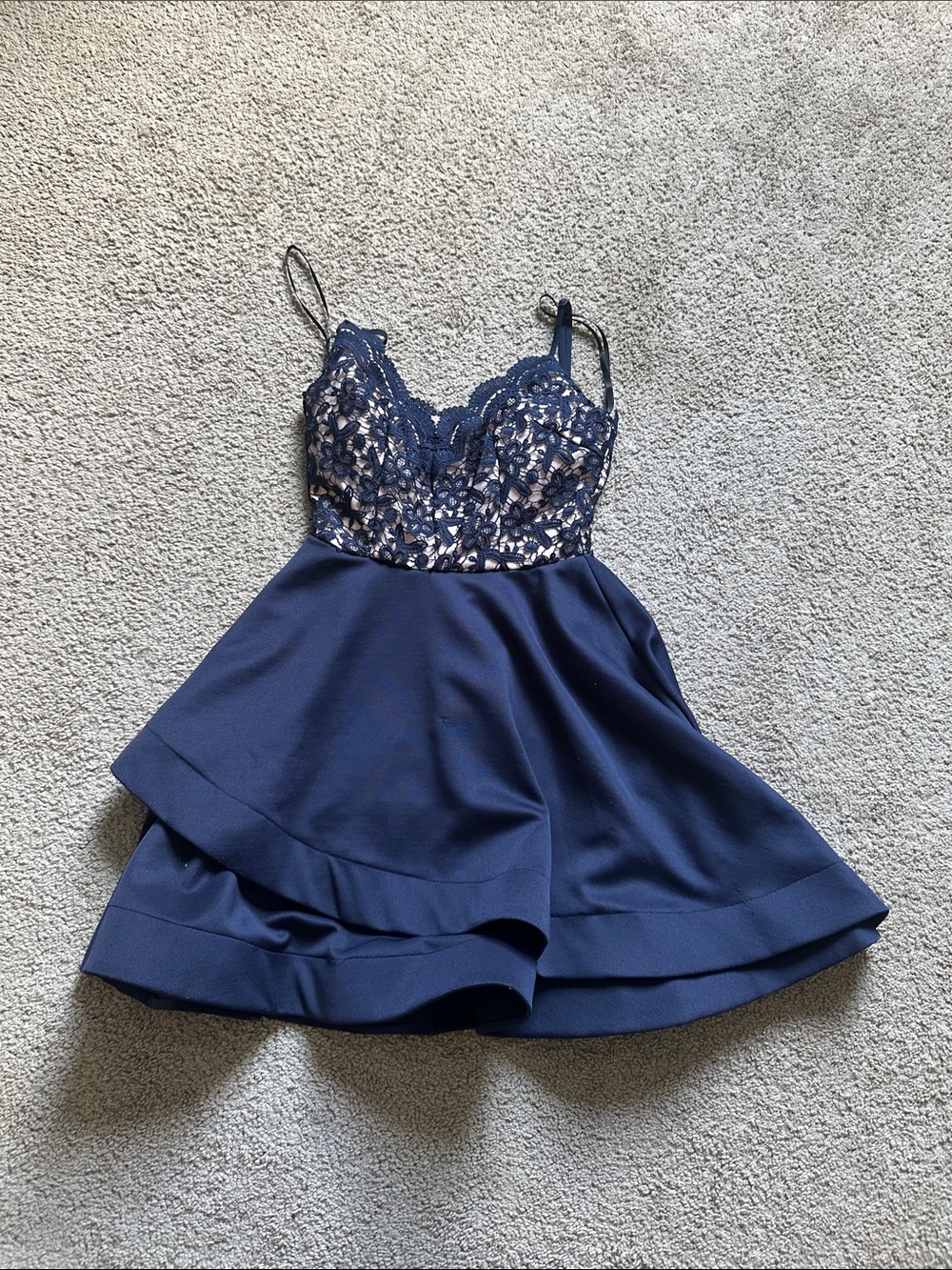 B Darlin Navy Blue Lace Bodice A‑Line Dress